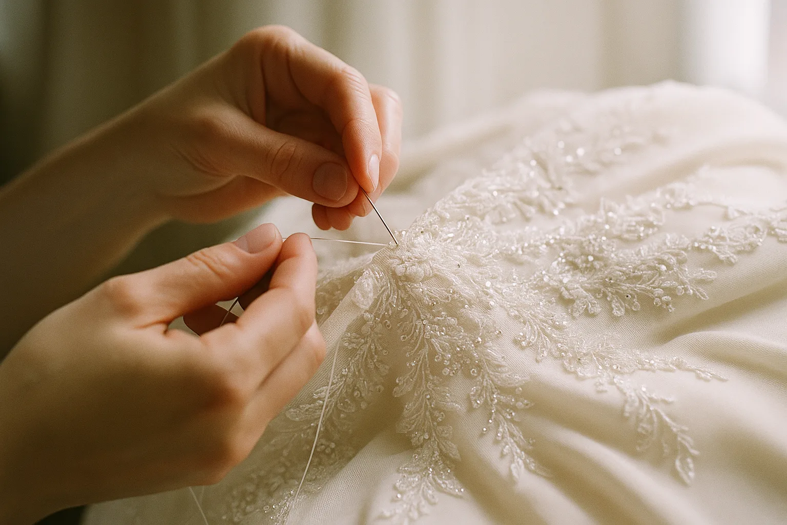 Hand-finishing bridal alterations at the Stitching Studio atelier